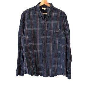 Baldwin Kansas City Flannel Shirt Linen Cotton Del Norte Navy Blue Plaid Mens XL